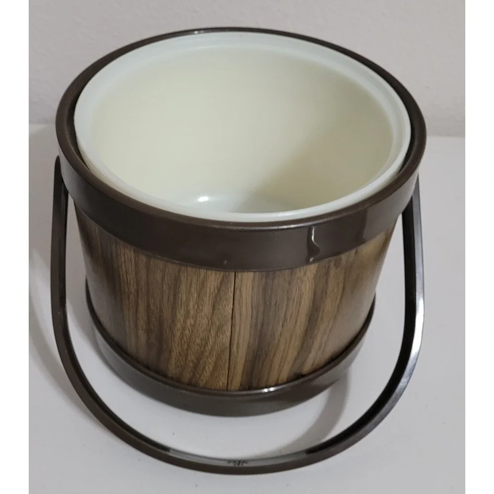 Atapco Vintage Insulated Ice Bucket Faux Wood Grain Chrome Lid Brown MCM Barware